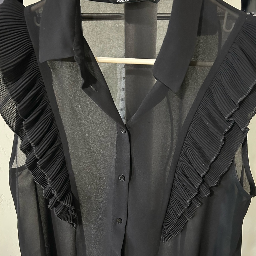Zara Black Sheer Blouse with Ruffle Details